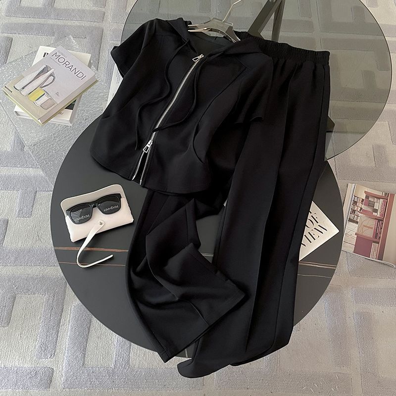 여성을 위한 도파민 캐주얼 스포츠 슈트, 여름 패션, 연령 감소 반팔 탑, 와이드 팬츠 투피스 세트 # 904