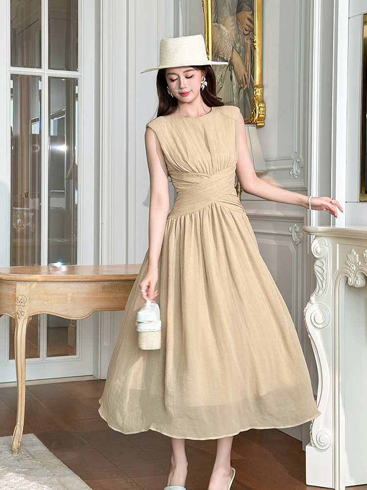 Đầm maxi nữ không tay chéo eo phong cách thanh lịch — đen
