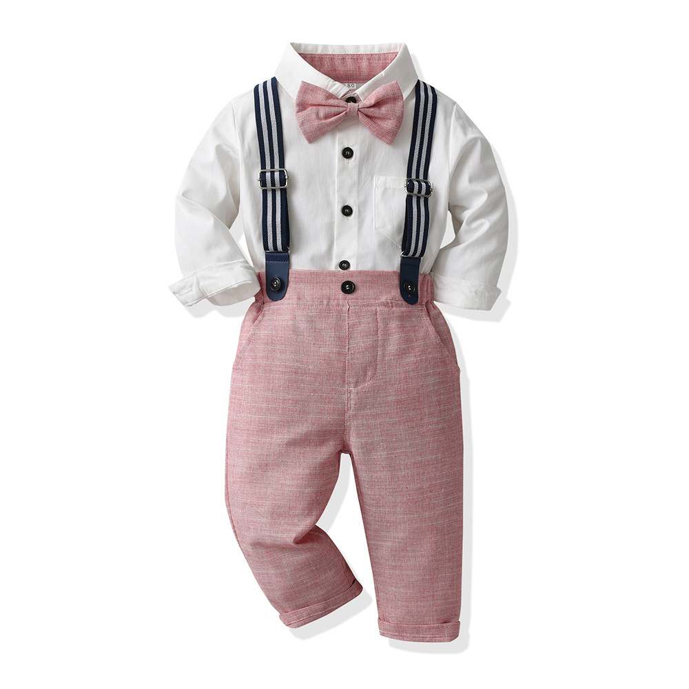 Versión coreana del traje de pajarita con correa para niños, cárdigan de algodón de manga larga de color sólido, estilo de otoño para hombres y bebés, nuevo traje de dos piezas al por mayor