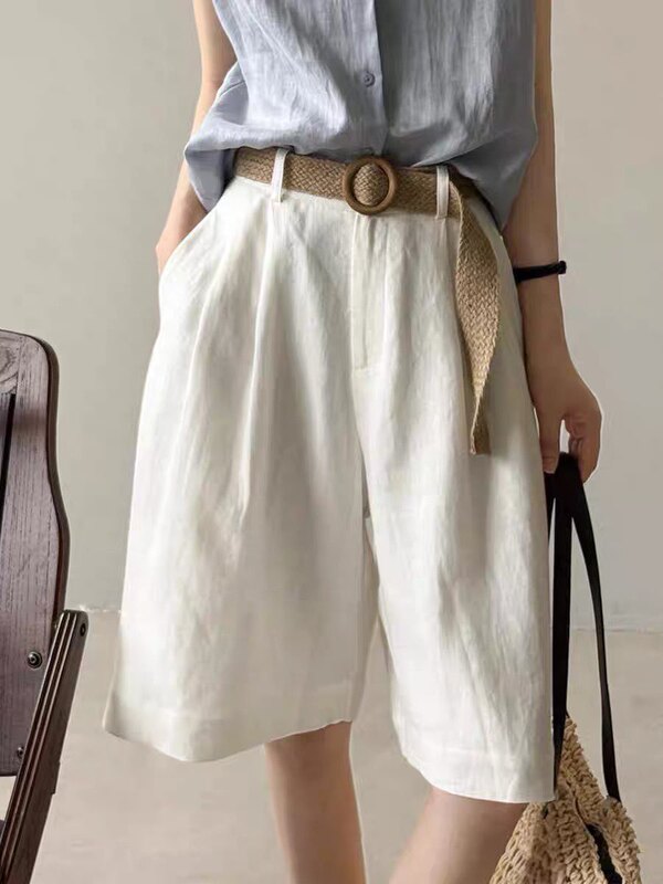 Recommended! Women's Linen Wide-Leg Pants, Summer Casual High-Waisted Shorts, Loose Five-Point Pants, Drapey and Slimming Straight-Leg Pants