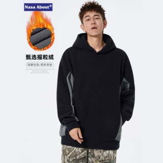 NASA摇粒绒保暖卫衣男连帽撞色拼接休闲宽松潮流青少年秋冬款上衣