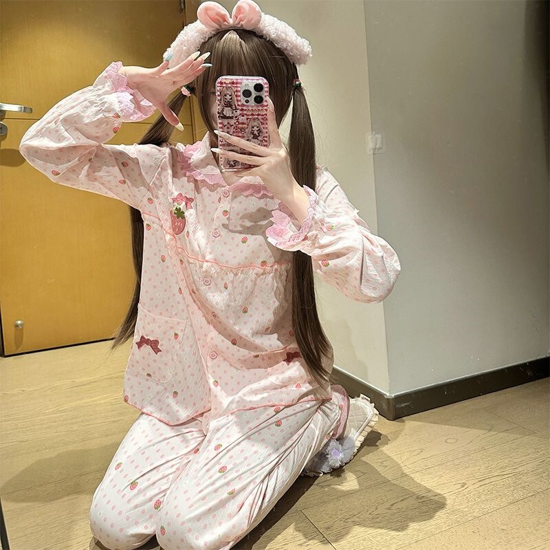 Doll collar pajamas for women, spring and autumn thin long-sleeve Japanese style ins sweet cute strawberry home wear summer set Doll collar pajamas for women, spring and autumn thin long-sleeve Japanese style ins sweet cute strawberry home wear summer set