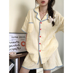 雲の綿のガーゼのパジャマの女性のタイプの夏のinsの格子の半袖のスーツの高級感の越境する部屋の服は外に着ることができます。