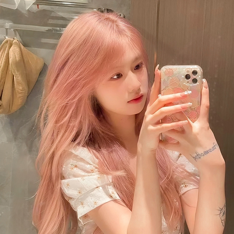 Pink Women's Long Hair Natural Long Straight Hair Cyber Celebrant Sweet and Cute Lolita Long Curly Hair Big Wave Full Head Wig