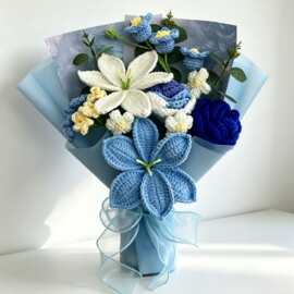 跨境高端热销手工钩织毛线花束百合玫瑰花束情人节母亲节生日礼物