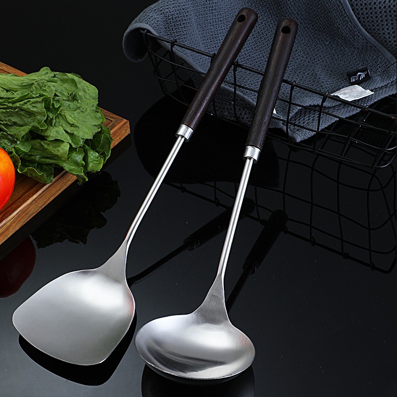 Paleta de acero inoxidable con mango de madera, juego de colador de cuchara, pala para cocinar en casa, mango largo, colador grueso, pala para freír, anti-escaldado