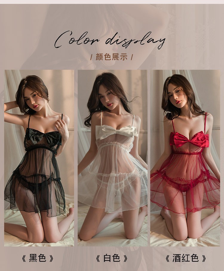 Sheer Mesh Bowknot Strap Nightgown for Women with Black Stockings, One Size — detail image 5