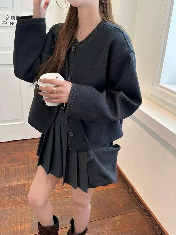 爆款小香风短款毛呢外套女2025新款秋冬小个子圆领明线配包包上衣|undefined
