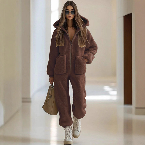 European and American autumn and winter new women's clothing hooded pockets decorative loose straight plush jumpsuit pants