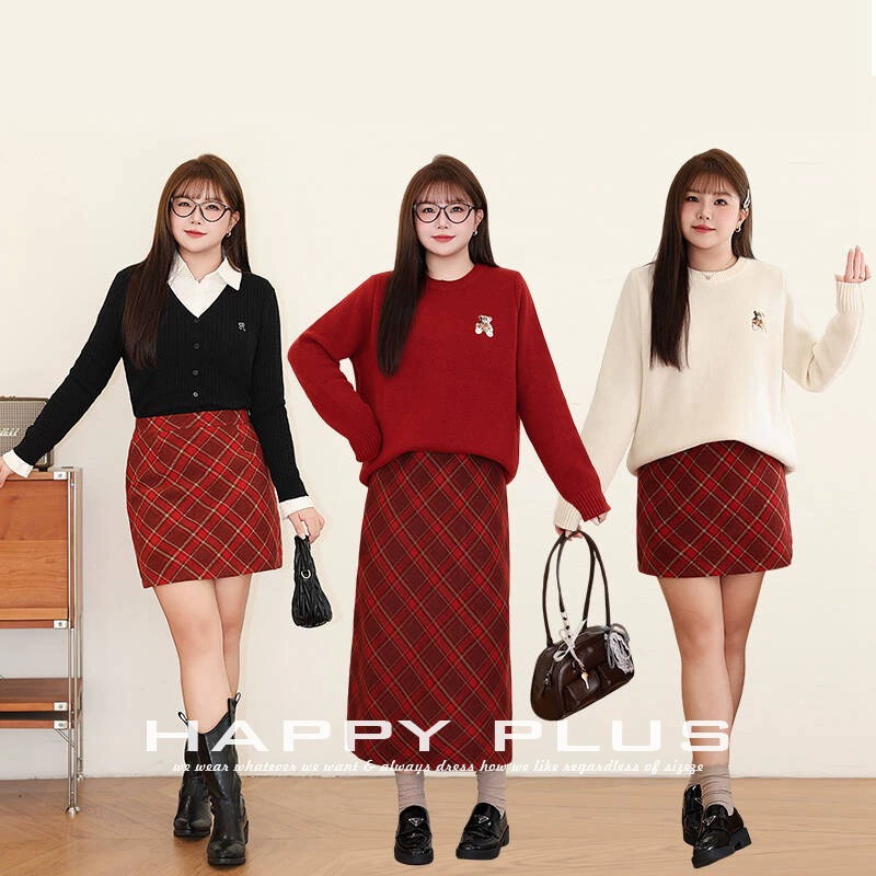 Французская ретро-шерстяная клетчатая юбка с узором в половину длины длинная юбка Run 9101 большой размер AB красная клетчатая юбка