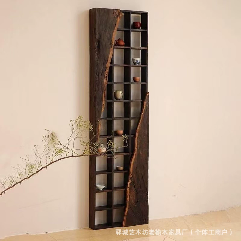 Стеллаж для хранения в стиле ваби-саби из массива старого вяза, антикварная полка, деревянная подставка для чайных чашек, многофункциональный шкаф, настенная полка