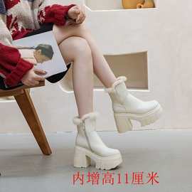 增高11厘米松糕厚底粗高跟显腿长内拉链中邦马丁靴兔毛真毛雪地靴