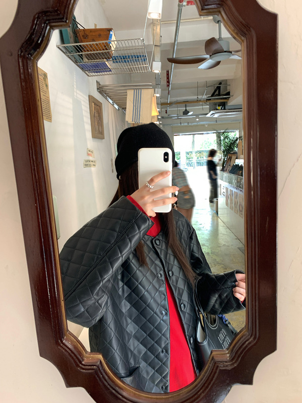 趋梦DT ETOLIE韩系高级感皮质菱格棉服外套女冬夹棉薄款宽松棉衣|undefined