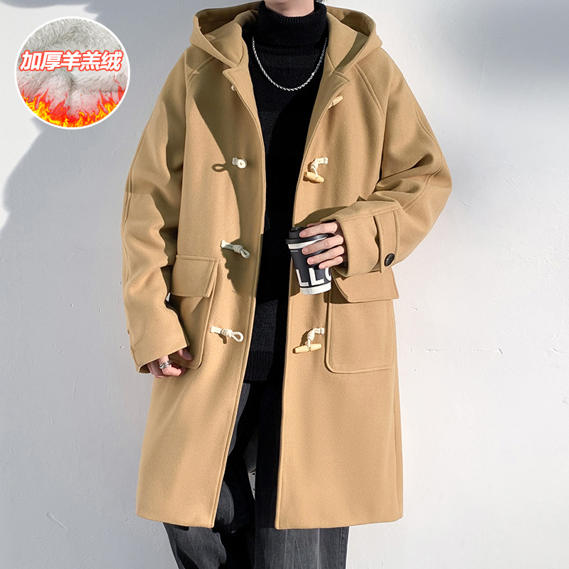 24冬新韩版牛角扣羊羔绒毛呢连帽大衣男加厚保暖大码外套风衣批发