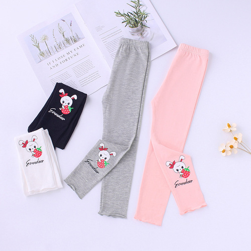 Children's Leggings  Spring Thin Women and Girls Cartoon Mulberry Edge Modal Leggings Elastic Fitted Long Pants