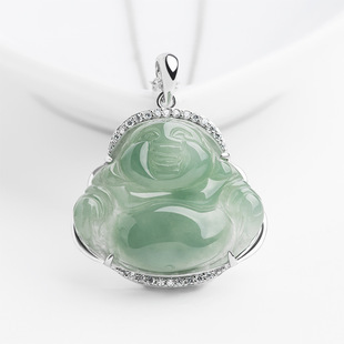 Natural Burma a Jade Oil Green Buddha Maitreya Buddha Pendant 925 Silver Set Necklace Ice Jade Pendant for Women