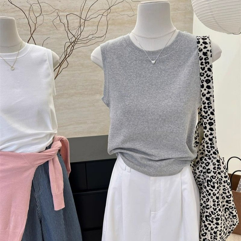 Pure Cotton Grey Base Shirt Women's 2025 New Round Neck Slim-fit Short Sleeveless T-shirt Covering Paramipment Inner Jacket Thin