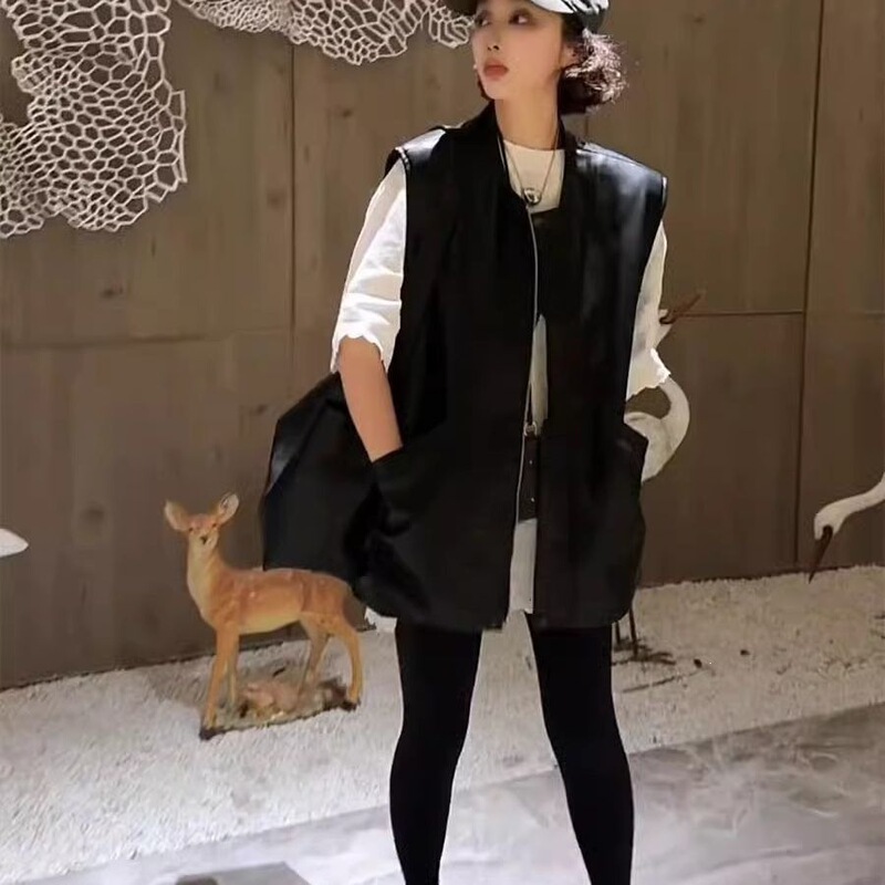 High-End Pu Leather Vest for Women, Loose Fit, Large Size, Spring Collection, Black Style, 2026 New Model, Casual European Fashion