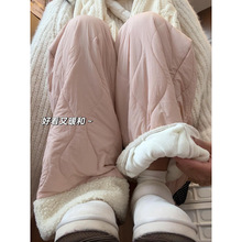 粉色摇粒绒棉裤女秋冬季2025新款休闲保暖加绒裤子拼接毛绒阔腿裤