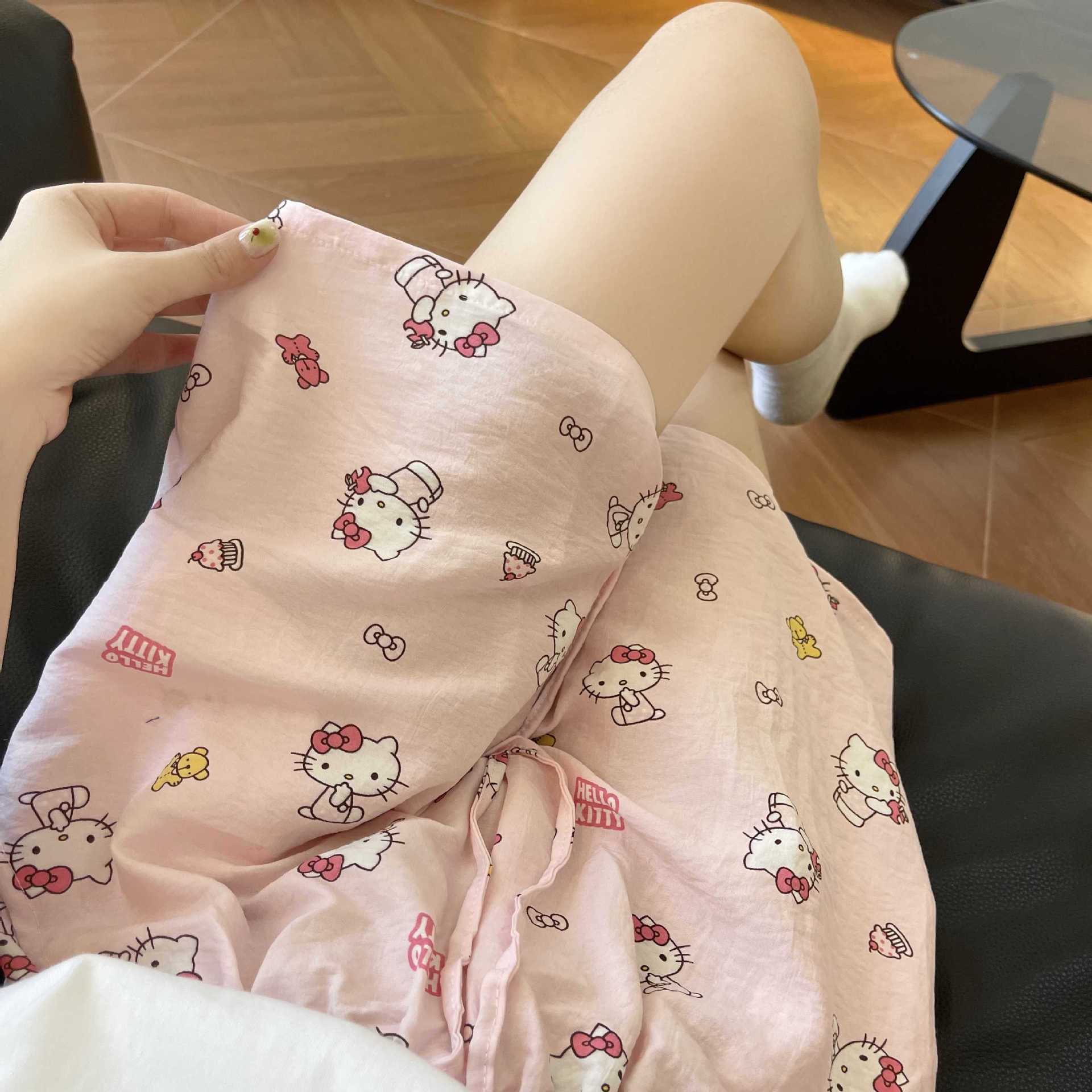 双口袋抽绳遛弯神裤卡通可爱kt猫睡裤女夏薄款居家休闲外穿短裤子