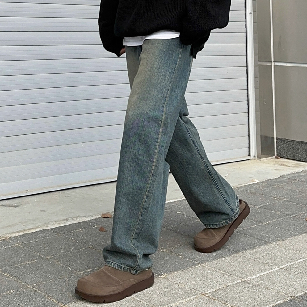 Men's Drapey Straight Leg Jeans Loose Fit Casual Wide Leg Pants Retro Style Midweight Cotton For Autumn Winter_mkmklike.com