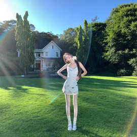 蝴蝶结印花假两件白色吊带连衣裙女夏季收腰显瘦小个子辣妹短裙子