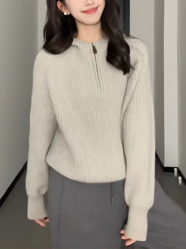 半拉链连帽套头毛衣女2025秋冬新款跨境休闲通勤内搭外穿针织上衣|undefined