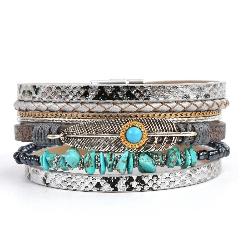Leather Beaded Bracelet With Boho Feather And Turquoise Charm_voghion.com