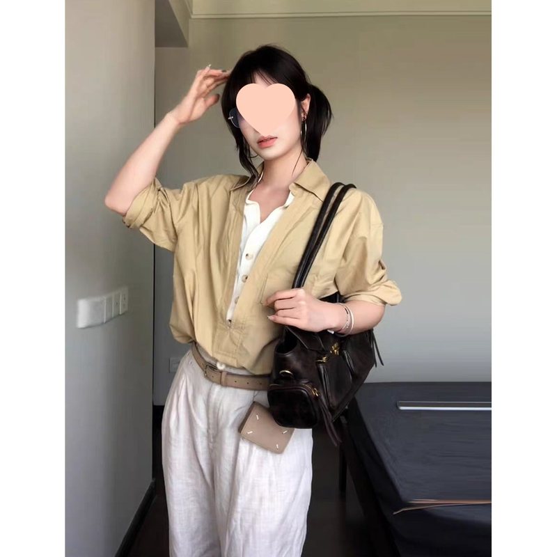 藏青色假两件v领衬衫男美式老钱风穿搭长袖衬衣cleanfit工装外套|undefined