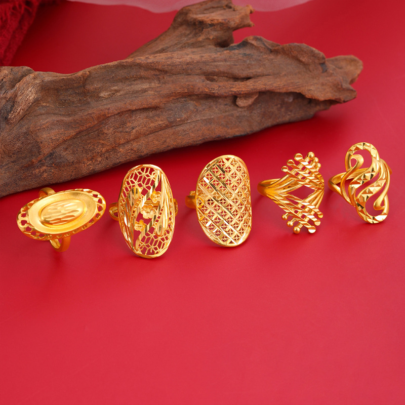 Anillo grande de la ley antigua de oro de arena vietnamita para damas que no se desvanece durante mucho tiempo, joyería de anillo abierto de estilo explosivo transfronterizo de simulación de latón