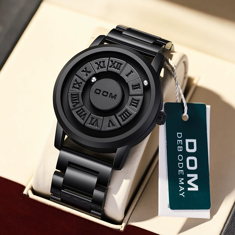 Dom Black Technology Watch Casual Quartz Watch Roman Numeral Dial Steel Ball Magnetic Suspension Waterproof Men's Watch