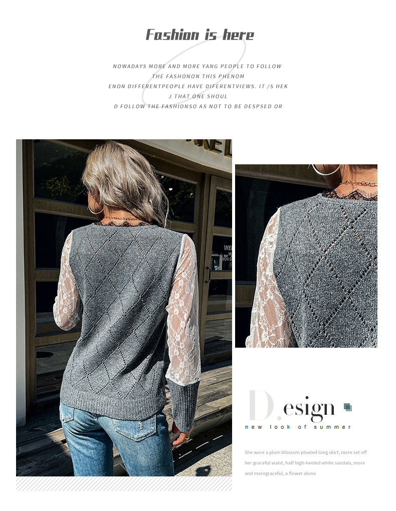 Maglione pullover con scollo a V e cuciture in pizzo tinta unita_voghion.com
