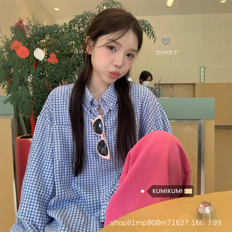 Blue Vintage Plaid Lapel Shirt Top for Women 2025 Autumn Loose Commuter Cardigan Plaid Shirt Japanese Style Outerwear