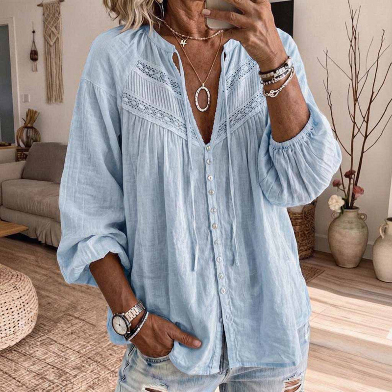 2026 Amazon Independent Site European and American Cross-Border Vacation Bohemian Lace Patchwork Cotton-Linen Lantern Sleeve Shirt
