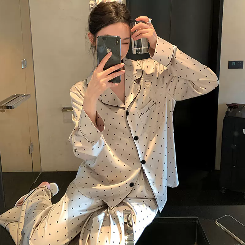 法式减龄睡衣女春秋新款简约波点长袖长裤冰丝家居服时尚套装批发