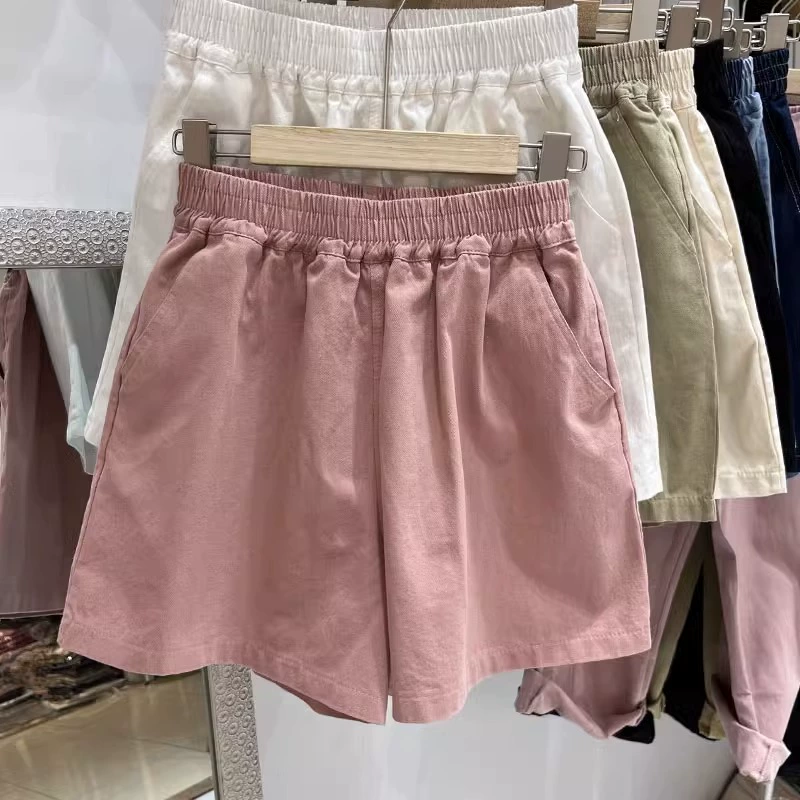 Женская одежда для внешней торговли 2024 Летние повседневные розовые хлопковые шорты с высокой талией, свободные облегающие Широкие штаны A- line, шорты