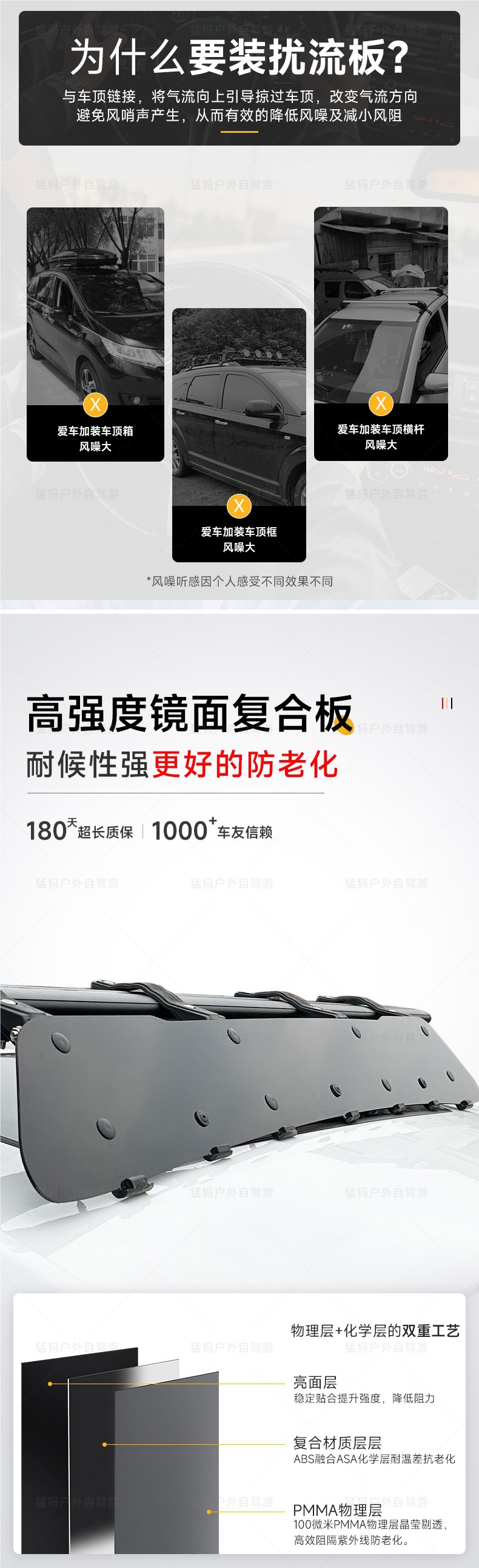 Roof spoiler, car luggage rack, roof box crossbar, wind deflector, noise-reducing wind deflector