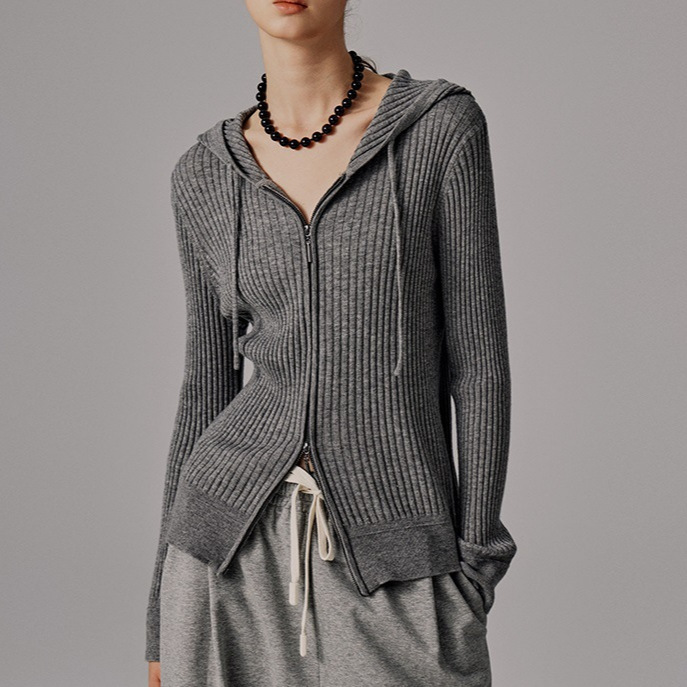 80 16-pin fine wool knitted top zipper hooded double head zipper cardigan women