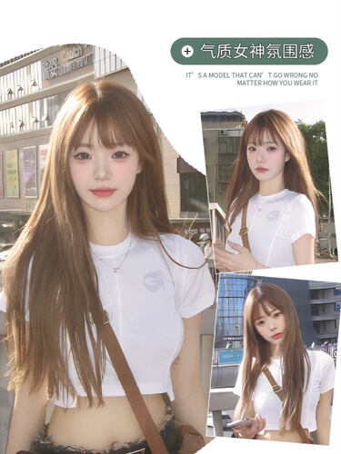 Light Brown Wigs for Women, Long Straight Hair, Summer Natural Style, Manga Bangs, Daily Use, Full Human Hair, Full Head Cover Style