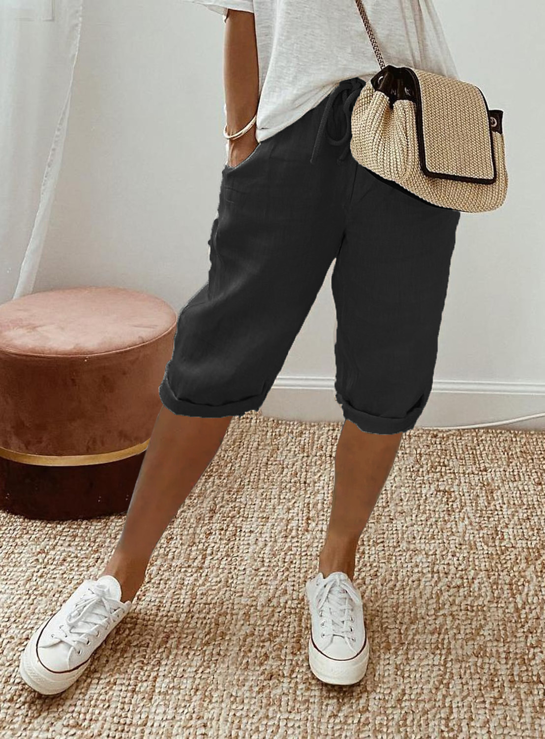 Women's Cotton Linen Casual Pants With Pockets Elastic Waist Five Point Khaki Style_ecoleips.com