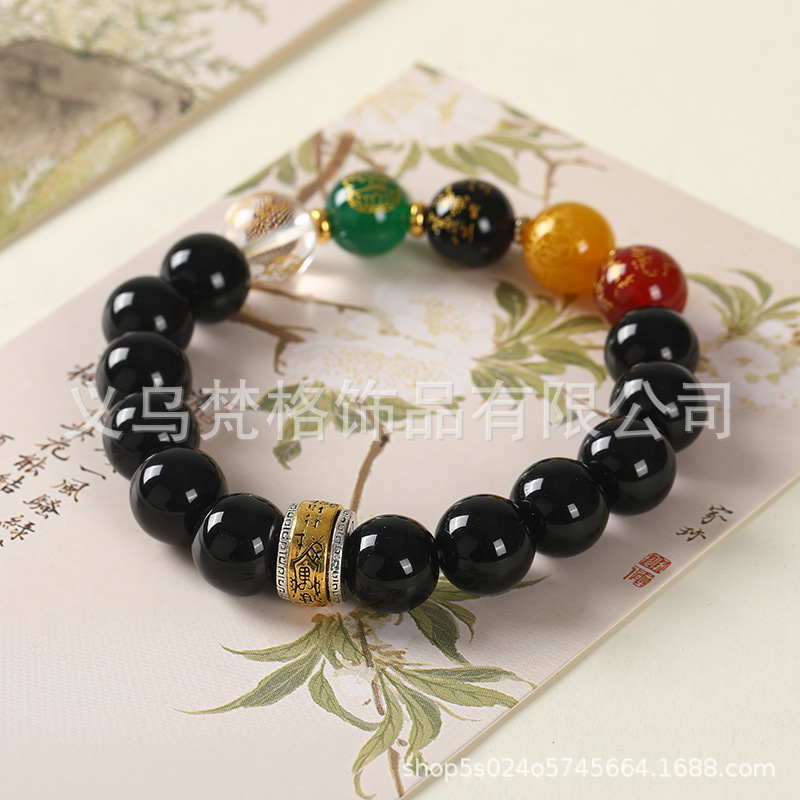 Imitación obsidiana pulsera chapada en oro mantra de seis palabras que preservan el color pulsera de cuentas de oro joyería de la suerte para los hombres
