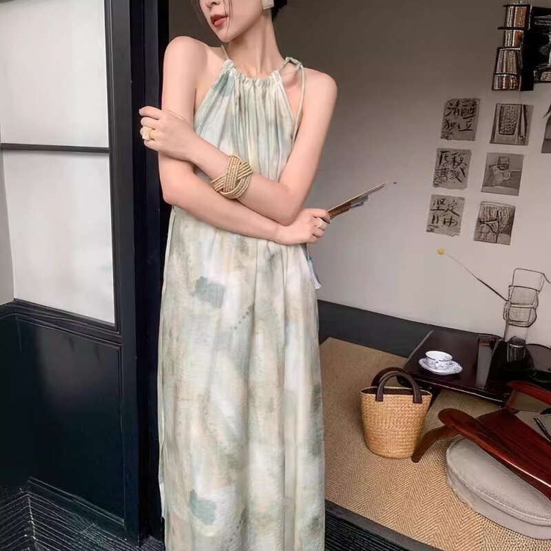Foreign Trade New Chinoiserie Sleeveless Smudged Halterneck Dress for Women Summer 2025 New Lazy Style Holiday Long Dress Foreign Trade New Chinoiserie Sleeveless Smudged Halterneck Dress for Women Summer 2025 New Lazy Style Holiday Long Dress
