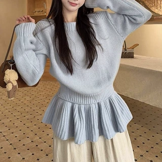 韩系慵懒风圆领套头毛衣女秋冬新款内搭松弛感裙帘可拆卸针织上衣