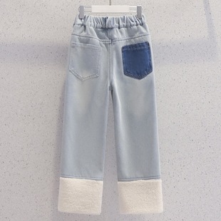 Girls' Fleece-Lined Jeans Winter New Children's Thickened Lamb Fleece Single-Piece Winter Pants Cigarette Pants Wide-Leg Pants