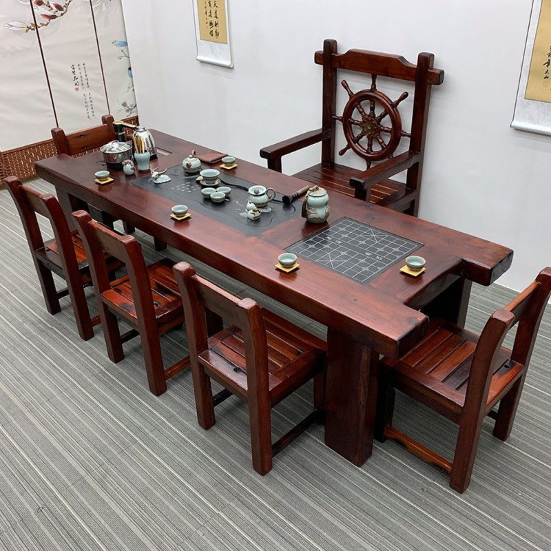 Mesa de té de madera de barco viejo, mesa y silla combinada de kung fu, mesa de té de sala de estar de madera maciza doméstica de estilo chino, conjunto de mesa de té de oficina integral