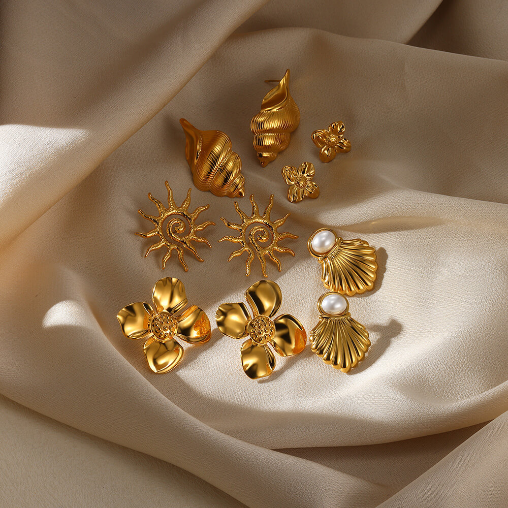 Polished Finish PVD Coated Real Gold Plated Starfish Conch Shell 304 Stainless Steel Vintage Style French Style Waterproof Non Tarnish Ear Studs