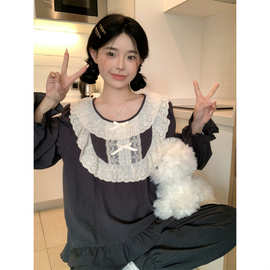 2024韩版棉甜美花边宫廷风长袖睡衣套装家居服春秋女