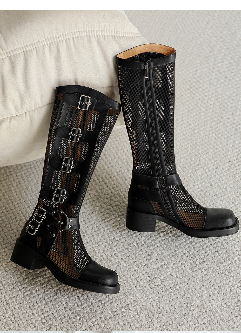 Boot nữ cổ cao lưới hở mũi gót vuông da thật khóa dây — màu nâu, màu đen, màu trắng ngà chi tiết 18