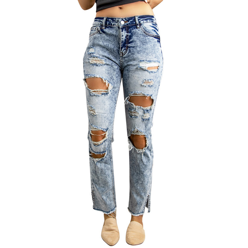 欧美破洞牛仔裤女夏亚马逊新款磨边下摆宽裤脚浅色镂空高腰牛仔裤