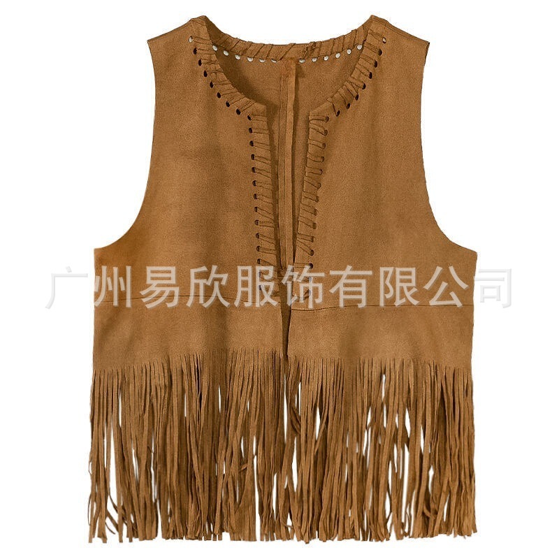 Women's Tassel Vest 70 s Hippie Costume Imitation Suede Sleeveless Tassel Cardigan Girl Denim Top